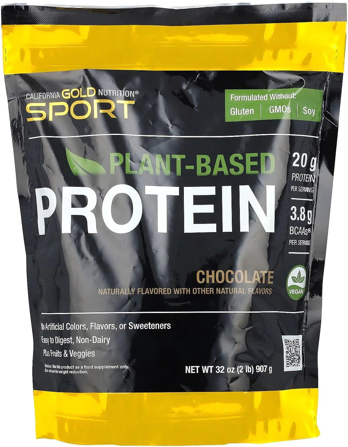 California Gold Nutrition Sport, Plant-Based Protein with Organic Brown Rice Protein Concentrate, Flaxseed, Chia Seed, Chocolate, 2 Lb (907 G)